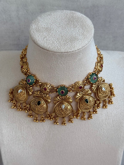 Ayura Designs Alera Set with Necklace & Earrings – Peacock Green and Rani Pink with Antique Gold Ghungroo Detailing