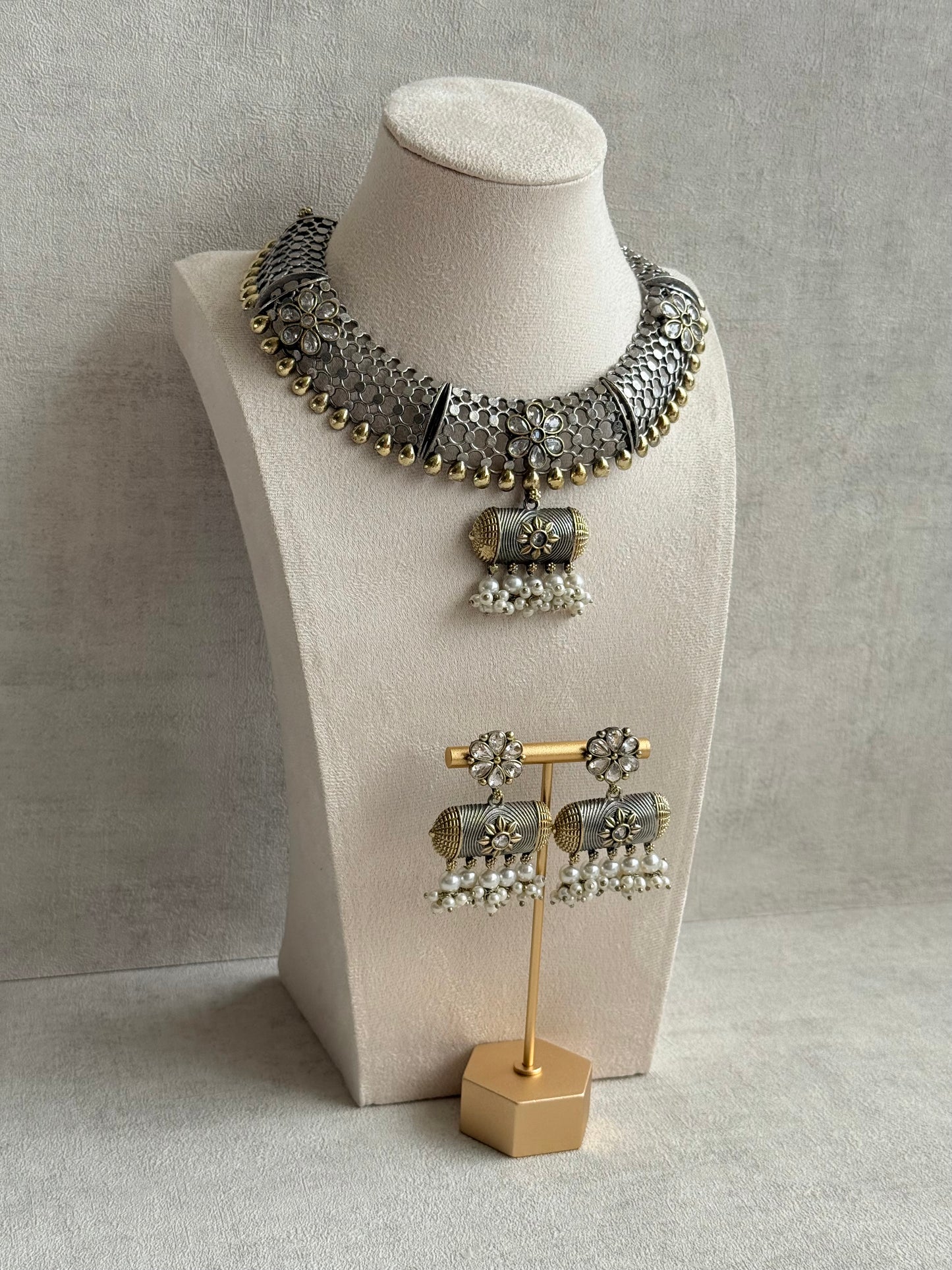 Ayura Designs Taal Necklace Set with Earrings & Tikka – Dual Tone Oxidised Mesh Necklace with Barrel Motifs & Pearl Detailing