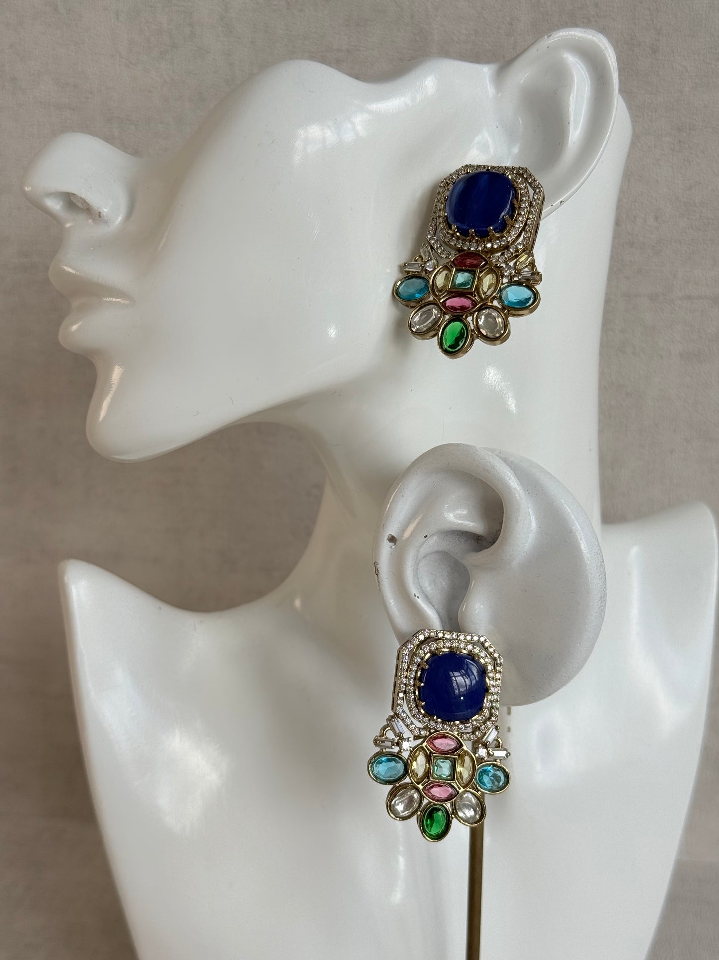 Ayura Designs Inez Earrings – Cobalt Blue Multicolour Statement Studs in Gold
