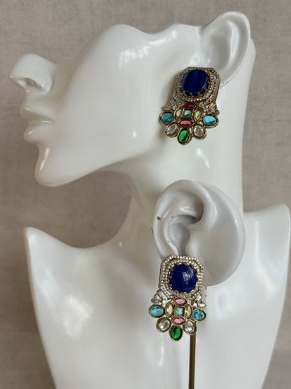 Ayura Designs Inez Earrings – Cobalt Blue Multicolour Statement Studs in Gold