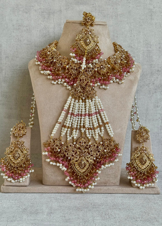 Ayura Designs Faryal Bridal Set with Necklace, Earrings, Tikka & Jhoomar – Antique Gold, Pearl & Blush Pink Detailing