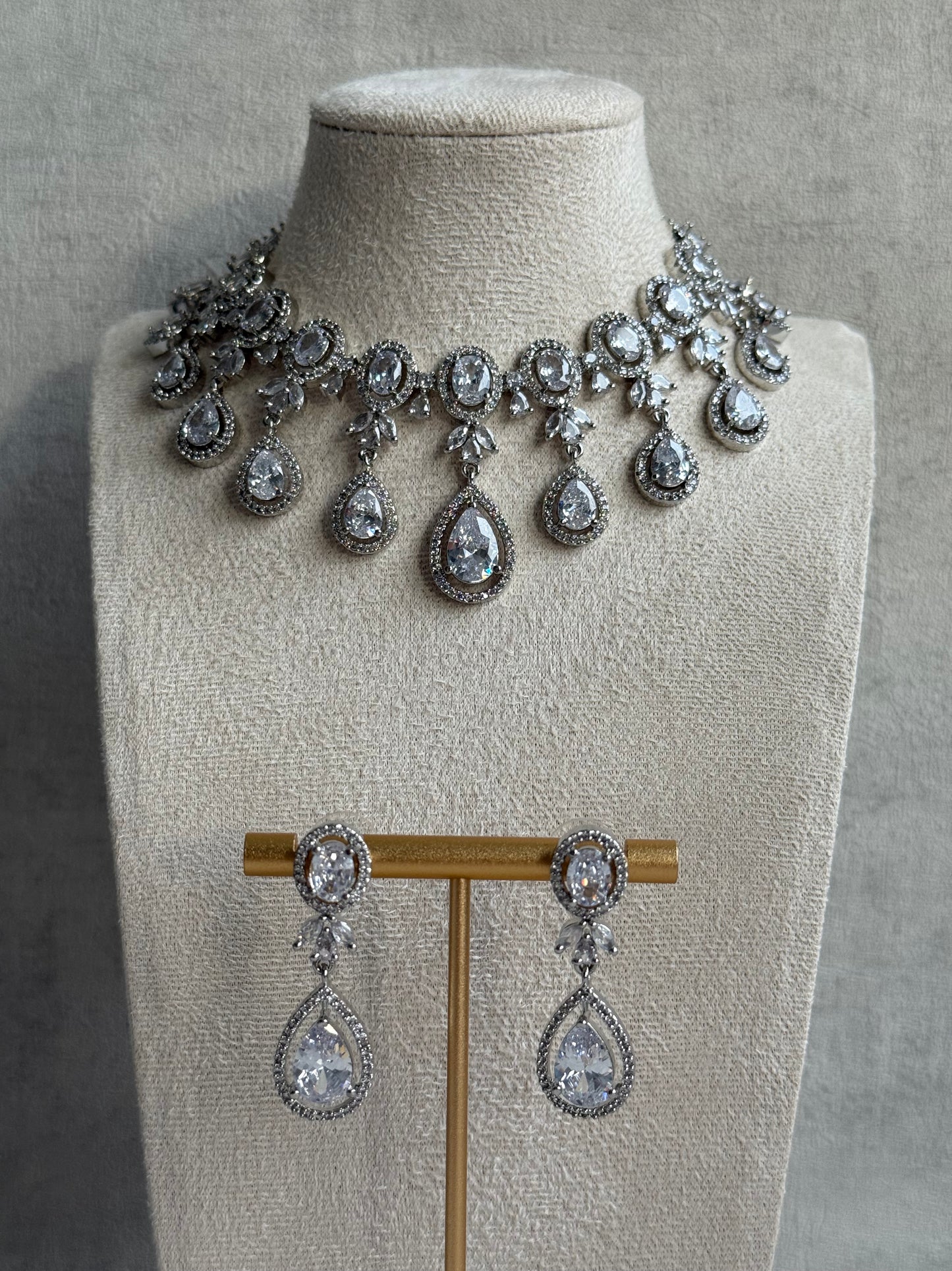 Ayura Designs Grace Set with Necklace & Earrings – Pear-Cut Moissanite Stones, Halo Detailing & Antique Silver Finish