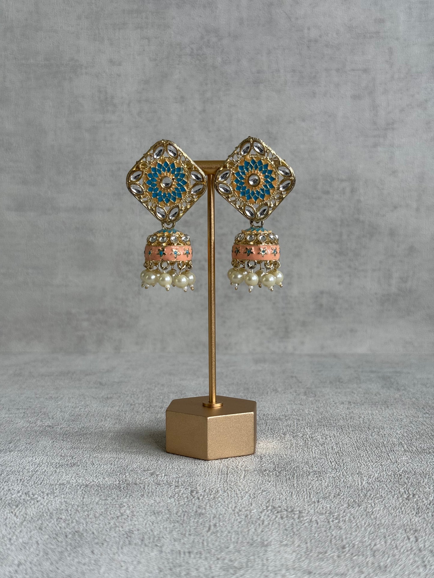 Ayura Designs Rangoli Jhumkis – Aqua Blue & Peach Meenakari with Pearl Drops in Antique Gold Finish