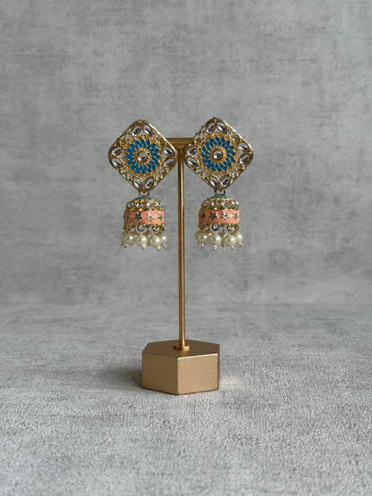 Ayura Designs Rangoli Jhumkis – Aqua Blue & Peach Meenakari with Pearl Drops in Antique Gold Finish