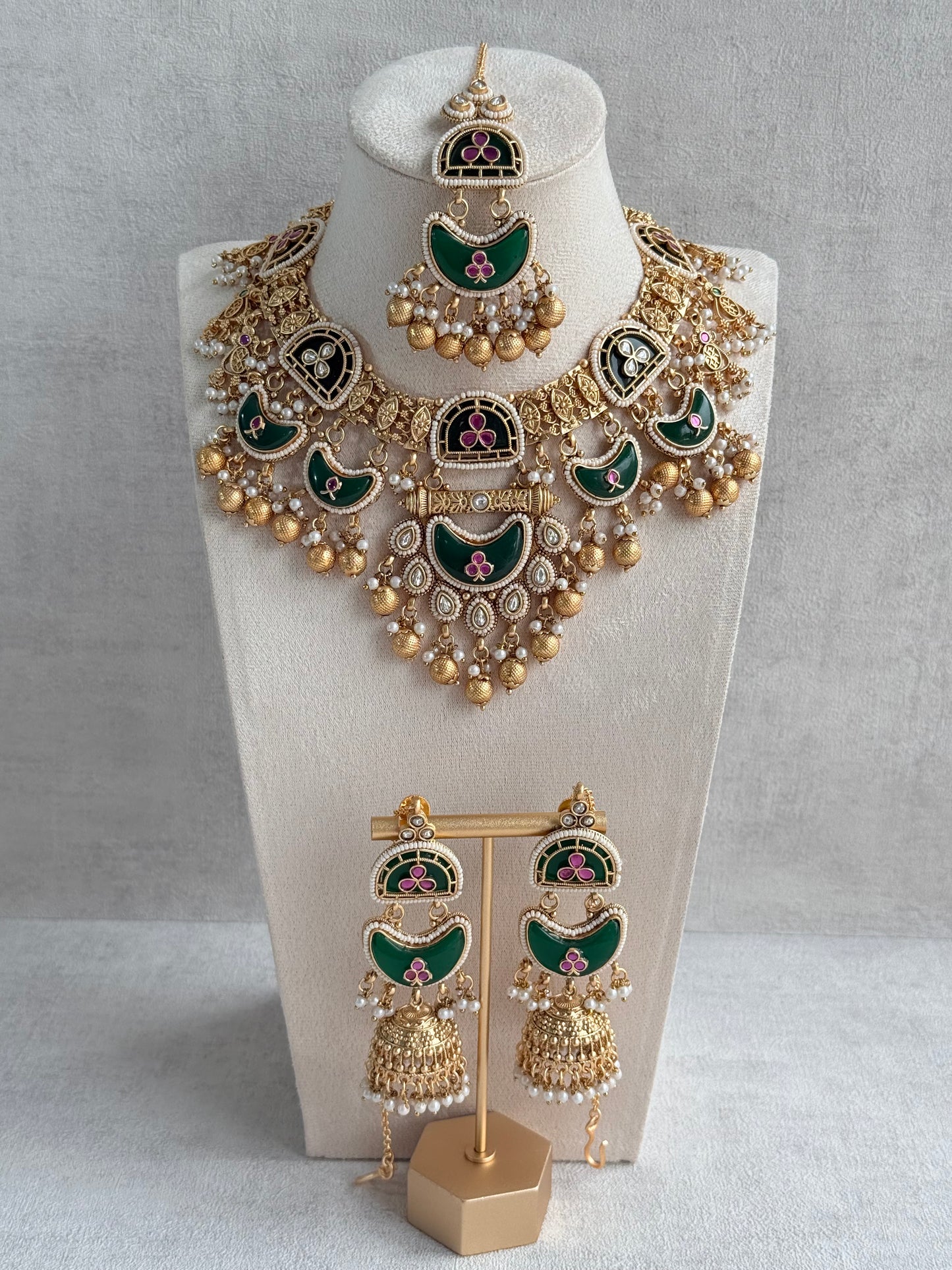 Ayura Designs Tafiza Necklace Set with Sahare Jhumki Earrings & Tikka – Emerald Green, Rani Pink, Kundan, Pearls & Antique Gold Finish