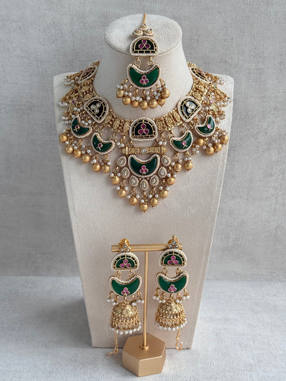 Ayura Designs Tafiza Necklace Set with Sahare Jhumki Earrings & Tikka – Emerald Green, Rani Pink, Kundan, Pearls & Antique Gold Finish