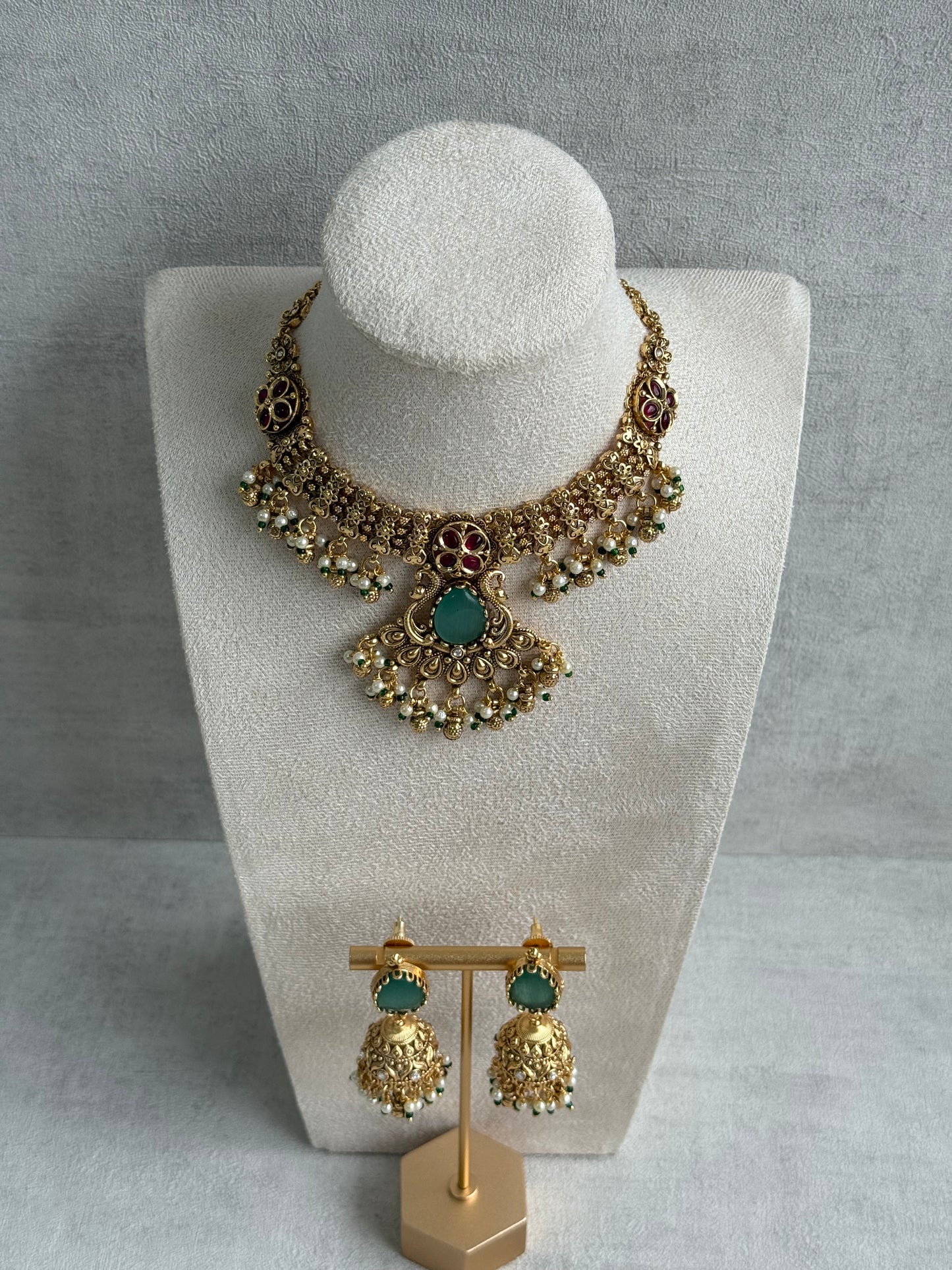 Ayura Designs Urvashi Set – Antique Gold Necklace & Jhumkis with Mint Green Stone, Ruby & Pearl Detailing