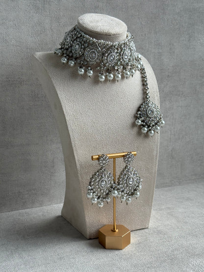 Ayura Designs Palki Set – Choker, Earrings & Tikka with Mirror-Cut Stones, Pearl Detailing & Silver Finish