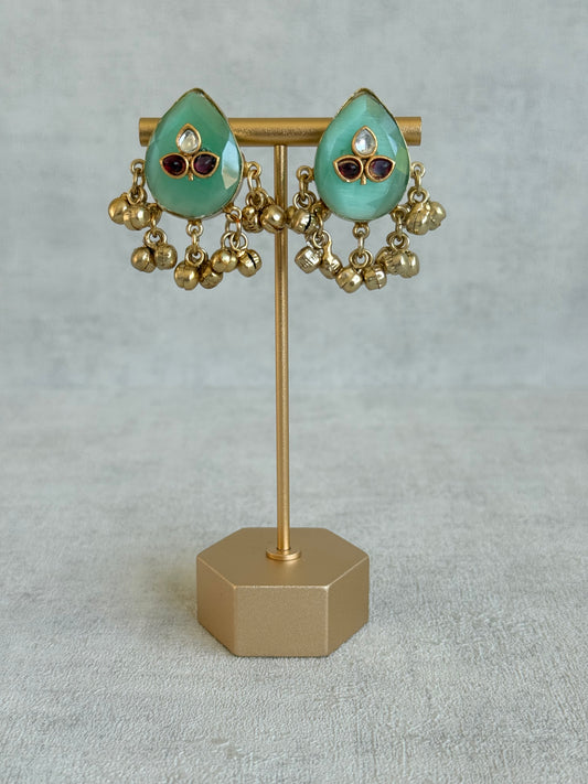 Ayura Designs Aykai Earrings – Mint Green Teardrop Stud Earrings with Clear & Pink Kundan Stones and Gold Ghungroo Drops