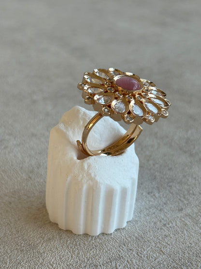 Ayura Designs Luisa Adjustable Ring – Blush Pink Centre Stone with Crystal Petal Detailing