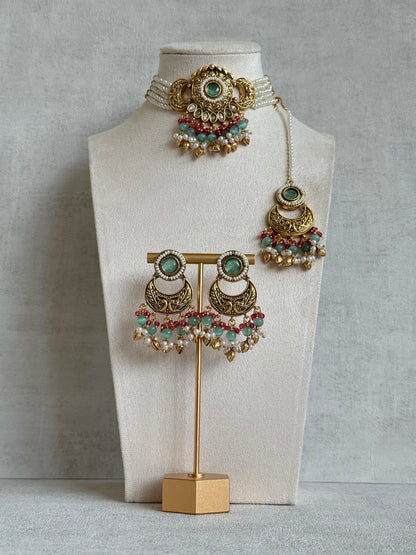 Ayura Designs Mehr Choker Set with Earrings & Tikka – Mint Green Stones, Ruby Pink Beads, Pearl Strands & Antique Gold Finish