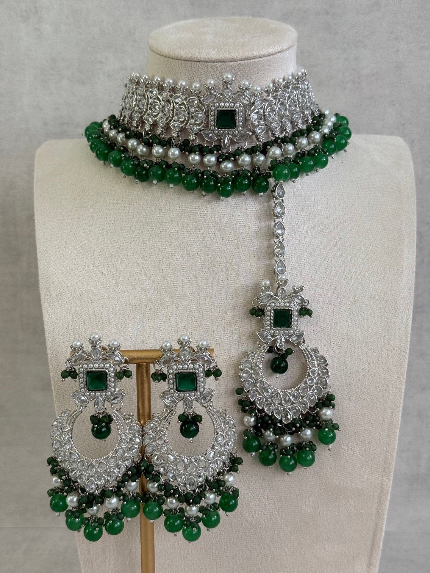 Ayura Designs Sarwat Choker Set – Emerald Green Stones, Ivory Pearl Drops & Antique Silver Finish