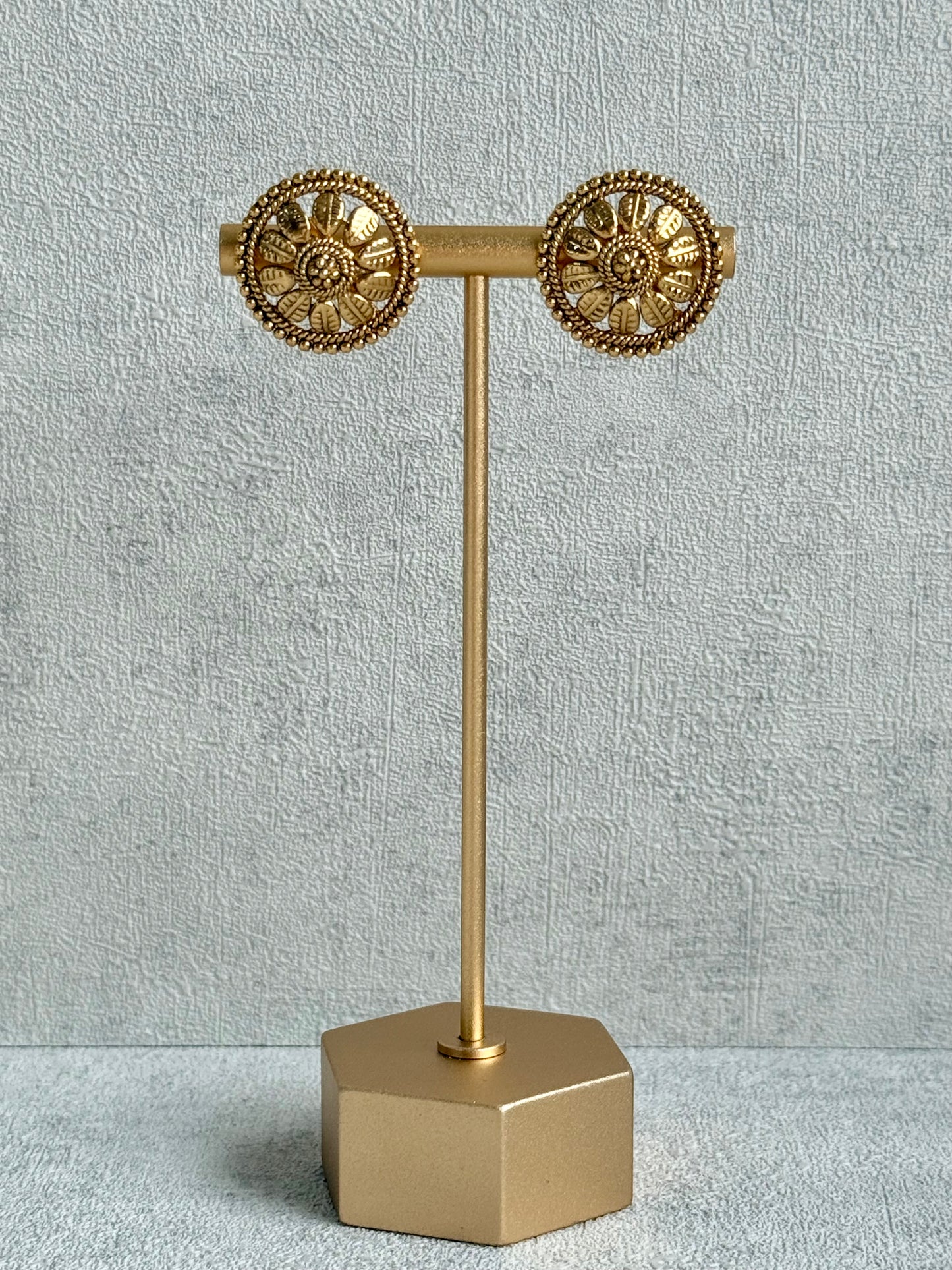 Ayura Designs Sathya Necklace Set with Stud Earrings – Antique Gold Temple Style with Textured Beadwork