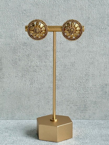 Ayura Designs Sathya Necklace Set with Stud Earrings – Antique Gold Temple Style with Textured Beadwork