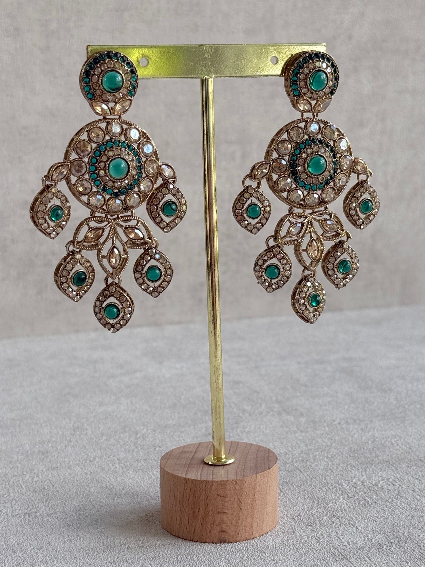 Ayura Designs Vanika Earrings – Teal Green & Champagne Crystal Gold Finish