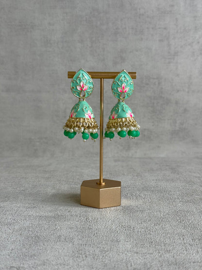 Ayura Designs Gia Jhumkis – Mint Green Meenakari with Pink Lotus Motifs & Ivory Pearl Drops