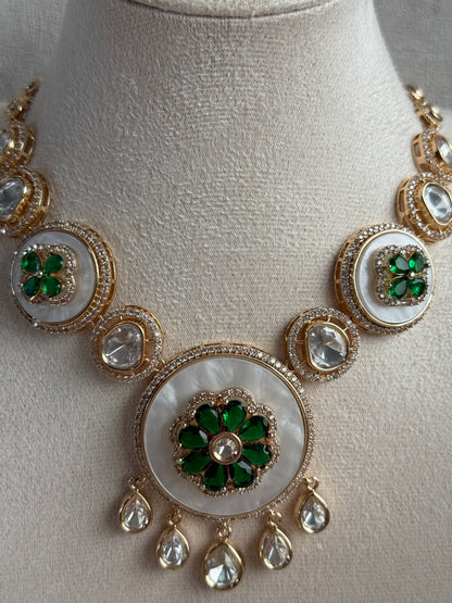 Ayura Designs Wisah Set with Necklace & Earrings – Emerald Green Floral Motifs with Mother of Pearl, Mirror-Cut Stones & Crystal Detailing