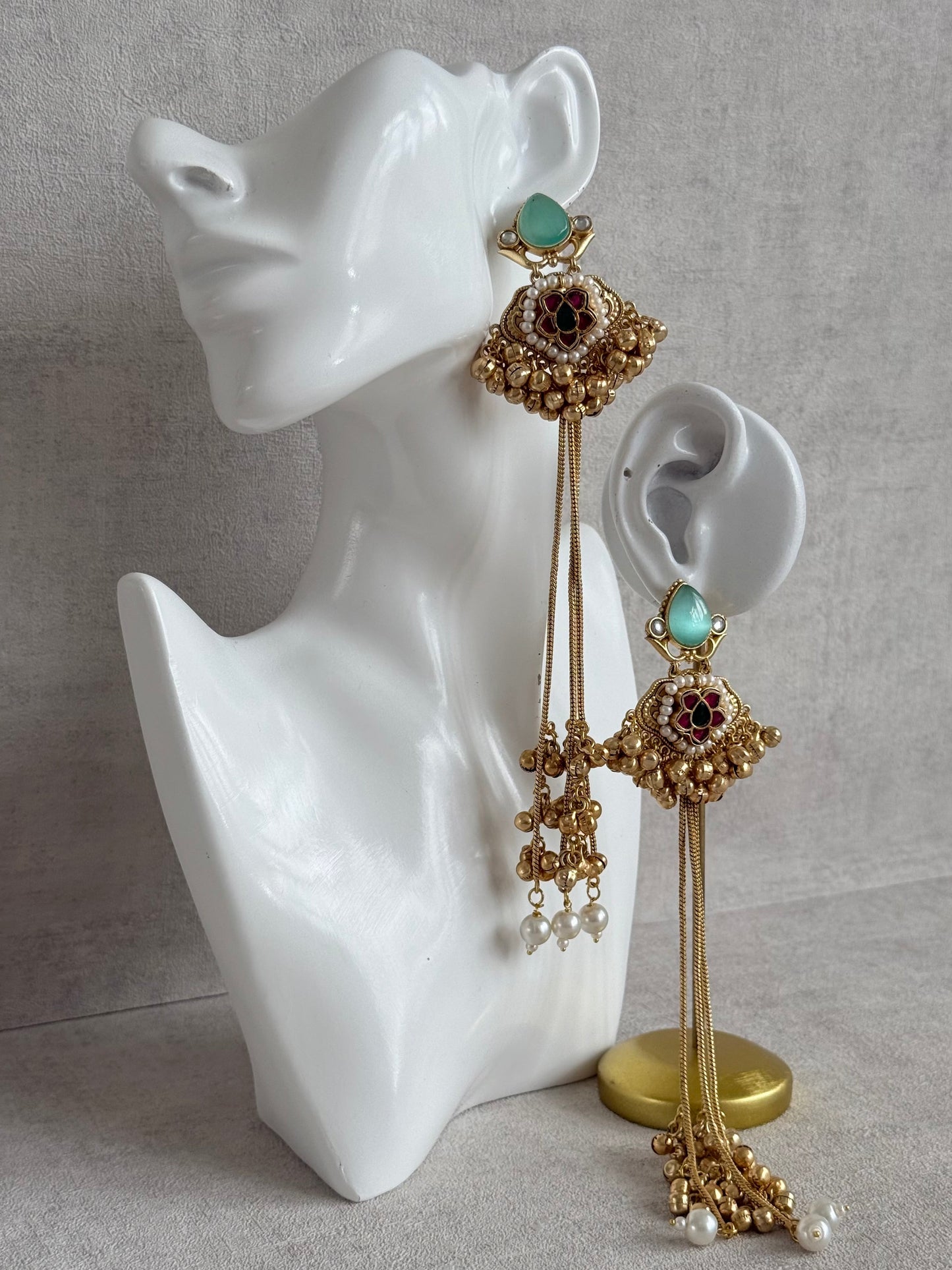 Ayura Designs Nishat Earrings – Kashmiri Duster Earrings with Mint Green Stones, Pearl Drops & Ghungroo Detailing