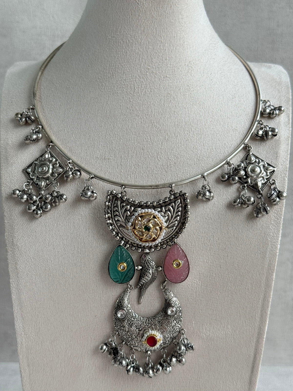 Ayura Designs Jiyana Collar Necklace Set – Blush Pink & Aqua Green Carved Teardrop Stones & Oxidised Silver Finish