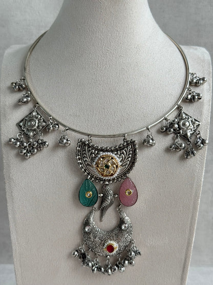 Ayura Designs Jiyana Collar Necklace Set – Blush Pink & Aqua Green Carved Teardrop Stones & Oxidised Silver Finish