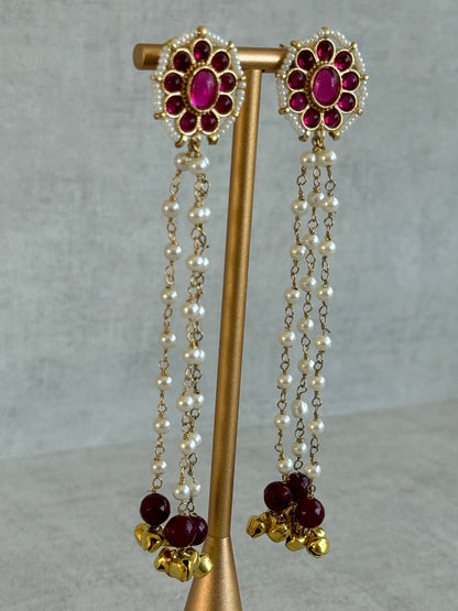 Ayura Designs Noorzar Earrings – Duster Earrings with Ruby Pink Stones, Maroon Beads, Pearl Chains & Ghungroo Detailing