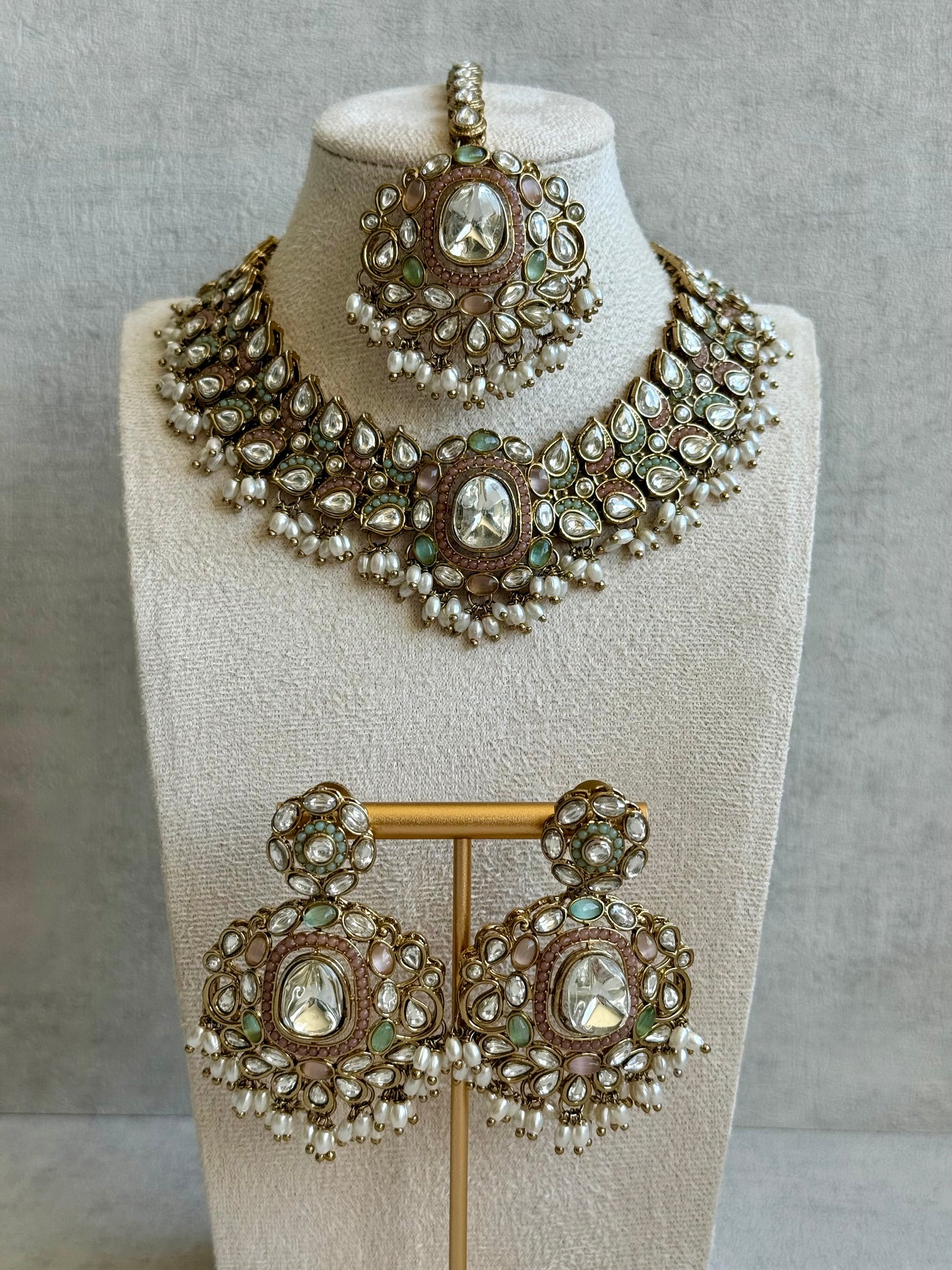 Ayura Designs Durriya Set with Earrings & Tikka – Antique Gold Finish, Mirror-Cut Stones & Pastel Pink, Mint & Ivory Enamel