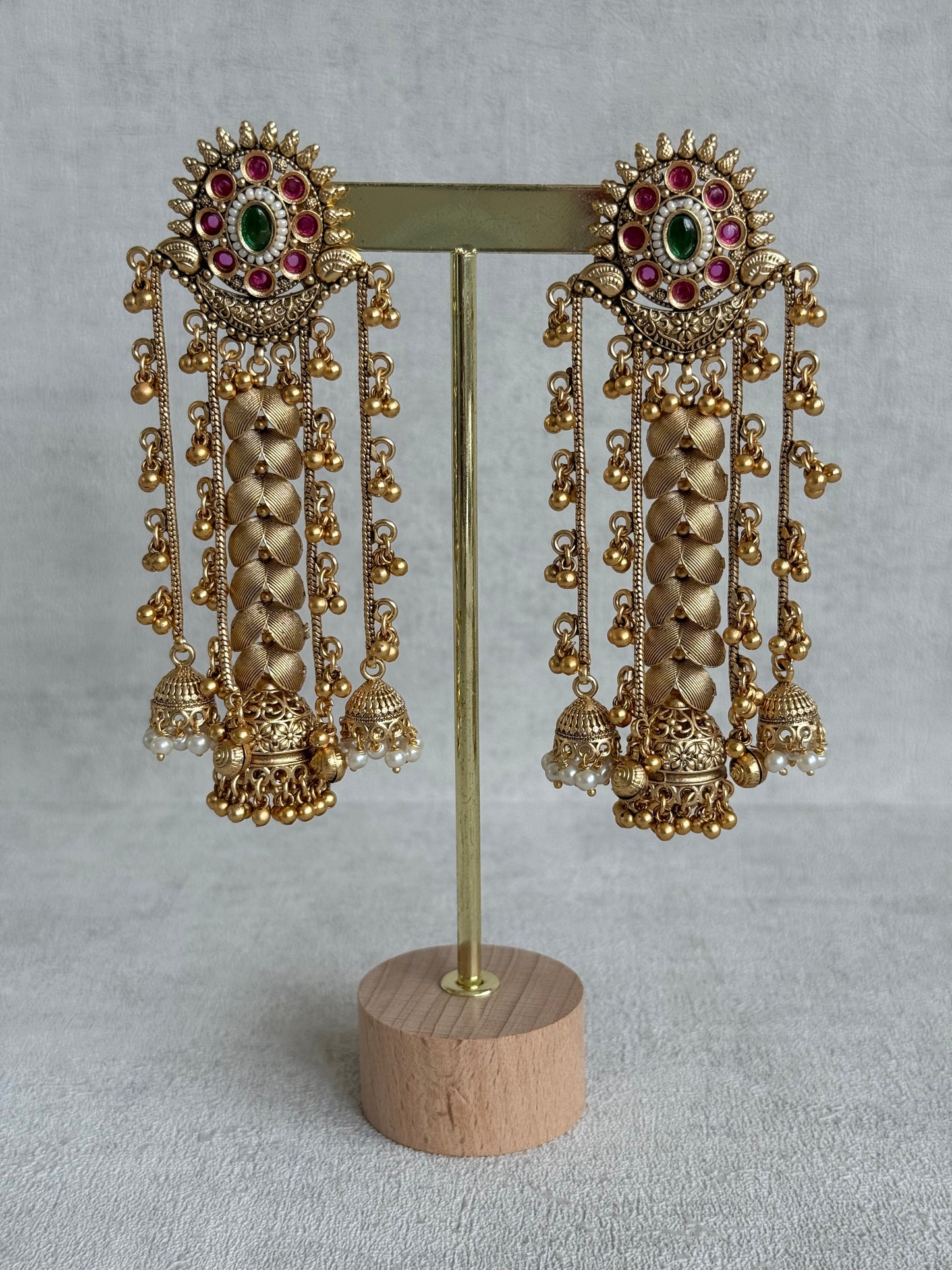 Ayura Designs Ishya Jhumkis – Gold Ghungroo Chain Earrings with Ruby Pink & Green Kundan