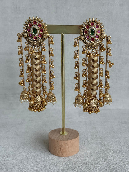 Ayura Designs Ishya Jhumkis – Gold Ghungroo Chain Earrings with Ruby Pink & Green Kundan