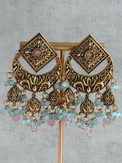 Ayura Designs Samera Choker Set with Earrings & Tikka – Aqua Blue & Blush Pink Beads, Green Centre Stone, Floral Motifs & Antique Gold Finish