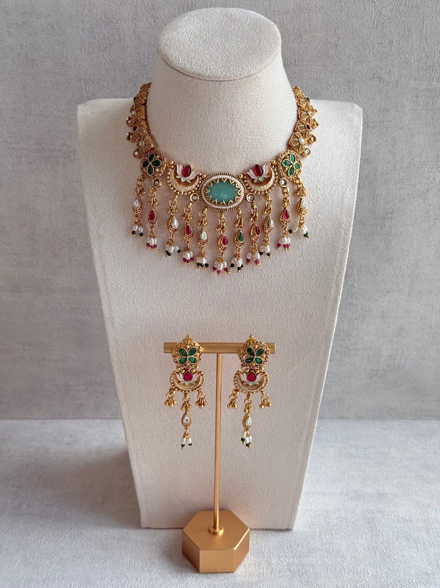 Ayura Designs Aavya Necklace Set – Aqua Green & Rani Pink Kundan Meenakari Design