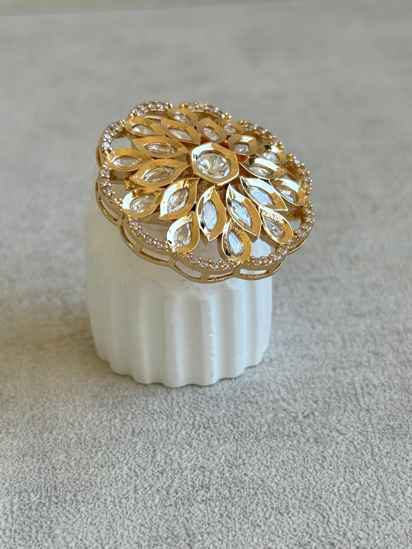 Ayura Designs Elisa Adjustable Ring – Moissanite Floral Ring with Clear Crystal Centre & Crystal Border