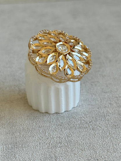 Ayura Designs Elisa Adjustable Ring – Moissanite Floral Ring with Clear Crystal Centre & Crystal Border