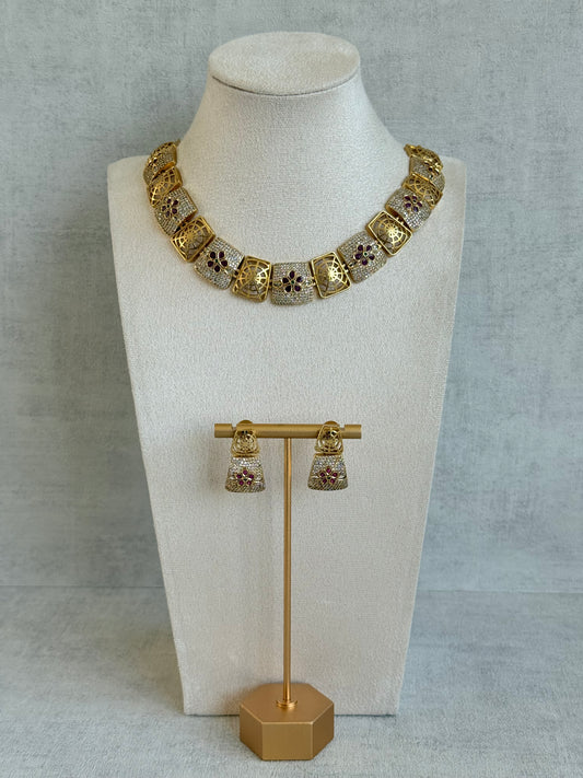Ayura Designs Vibha Necklace & Stud Earrings Set – Gold Floral Statement Design with Ruby Pink & Crystal Detailing