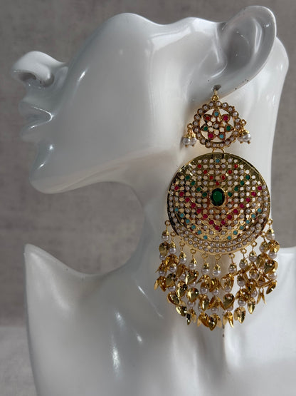 Ayura Designs Seerat Earrings – Emerald Green & Multicolour Gold Pippal Patti Design with Pearls