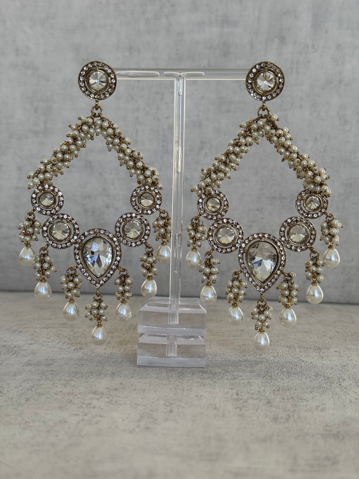 Ayura Designs Fana Chand Bali – Antique Gold Crescent Earrings with Pearls & Crystals