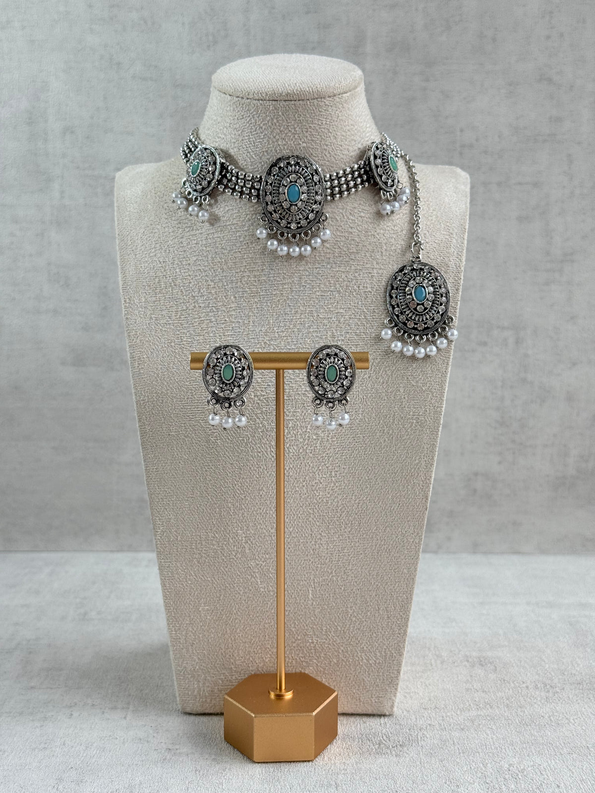 Ayura Designs Gauri Choker Necklace Set with Earrings & Tikka – Mint Green, Turquoise Blue & Crystal Stones with Oxidised Silver Finish