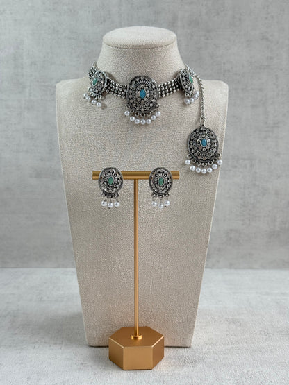 Ayura Designs Gauri Choker Necklace Set with Earrings & Tikka – Mint Green, Turquoise Blue & Crystal Stones with Oxidised Silver Finish