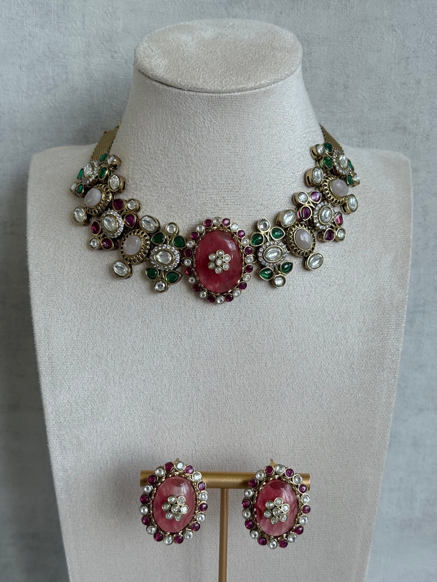 Ayura Designs Nova Necklace Set with Stud Earrings – Rose Pink Centre Stone, Kundan Detailing & Multicolour Gemstone Accents