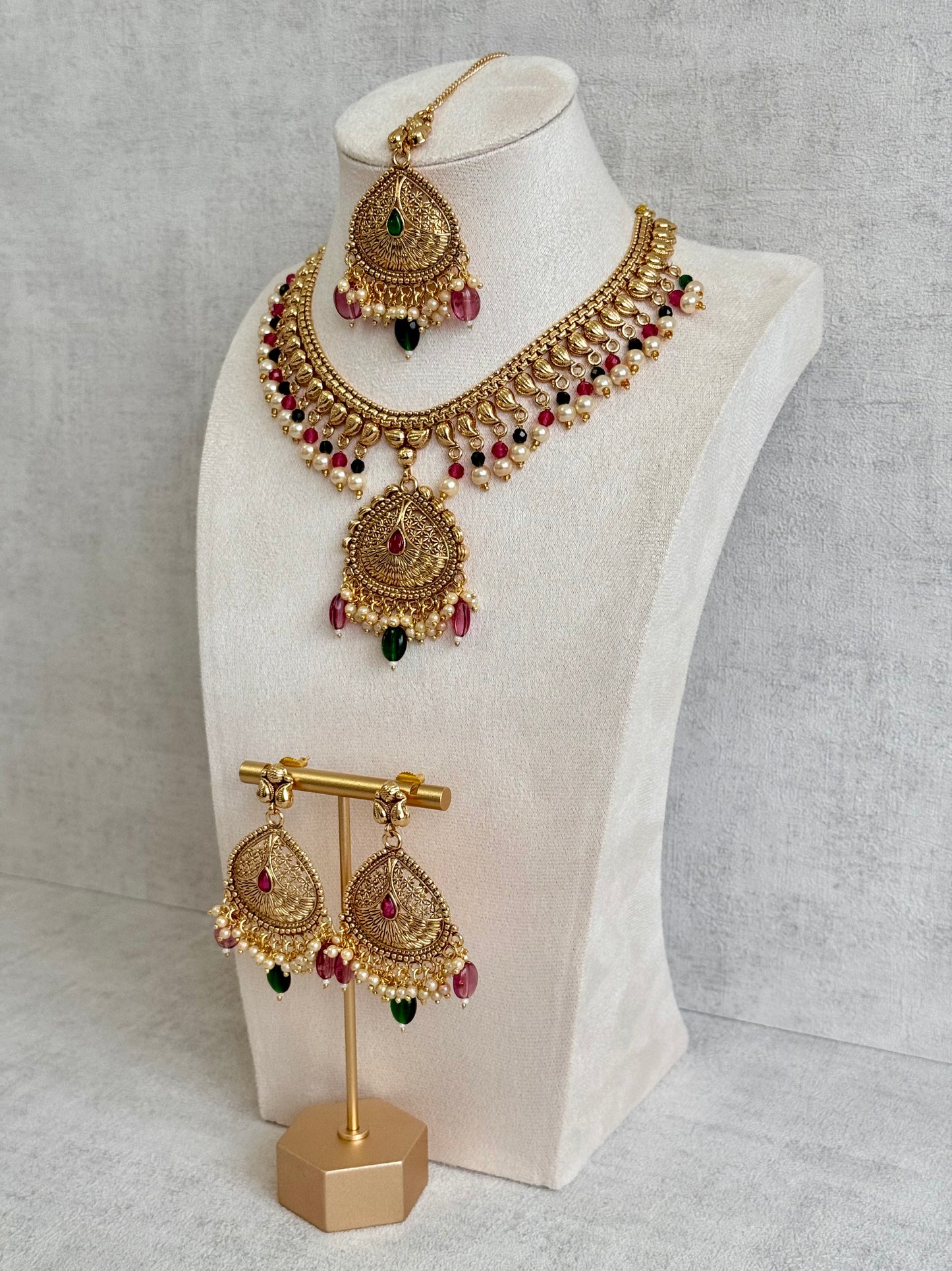 Ayura Designs Hamida Set with Necklace, Earrings & Tikka – Antique Gold with Ruby Pink and Emerald Green Beads & Pearl Detailing