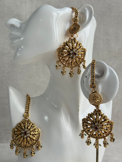 Ayura Designs Survi Tikka Set with Sahare Earrings – Antique Gold with Kundan, Pink Stones, Ivory & Green Beads