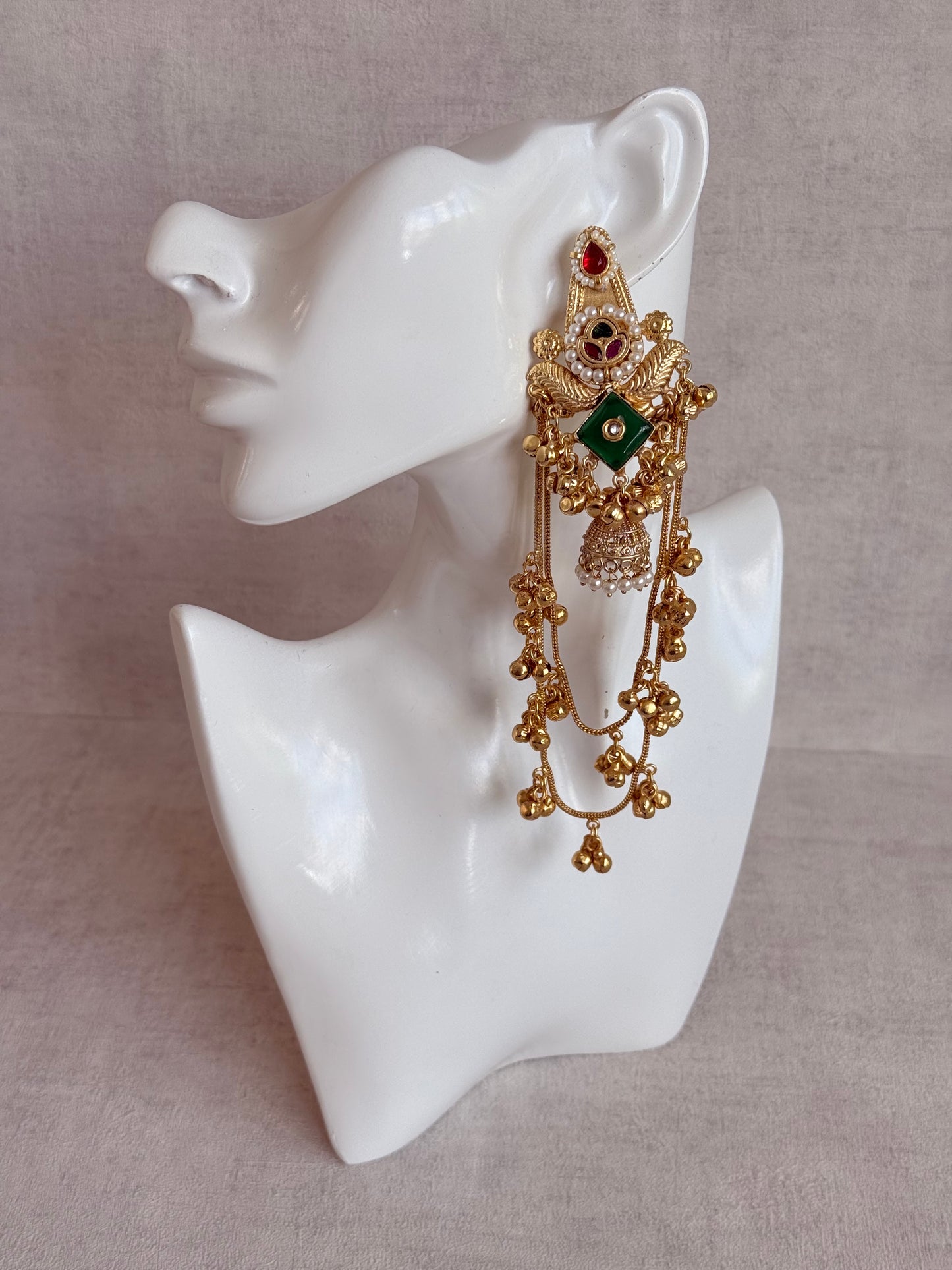 Ayura Designs Simal Earrings – Kashmiri Earrings with Green Stone, Multicoloured Detailing, Layered Ghungroo Chains & Jhumkis