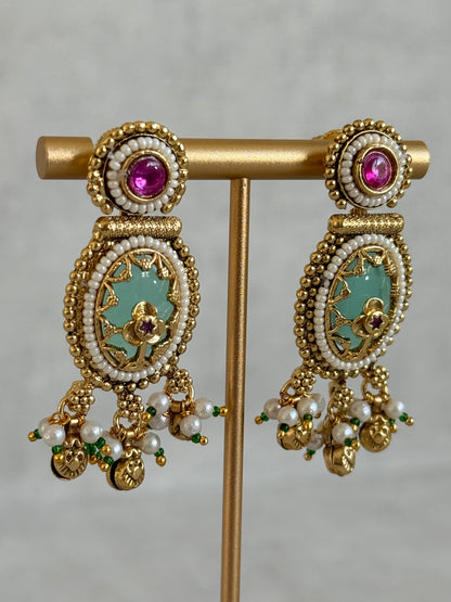 Ayura Designs Enjal Earrings – Mint Green Enamel, Pearl Beading, Pink Stone & Gold Finish