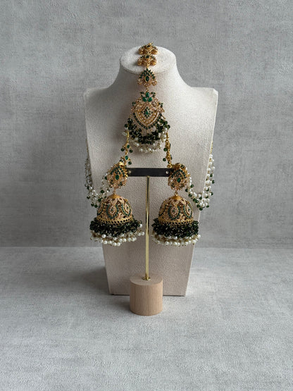 Ayura Designs Safia Tikka Set with Sahare Earrings – Emerald Green Beads & Champagne Crystals