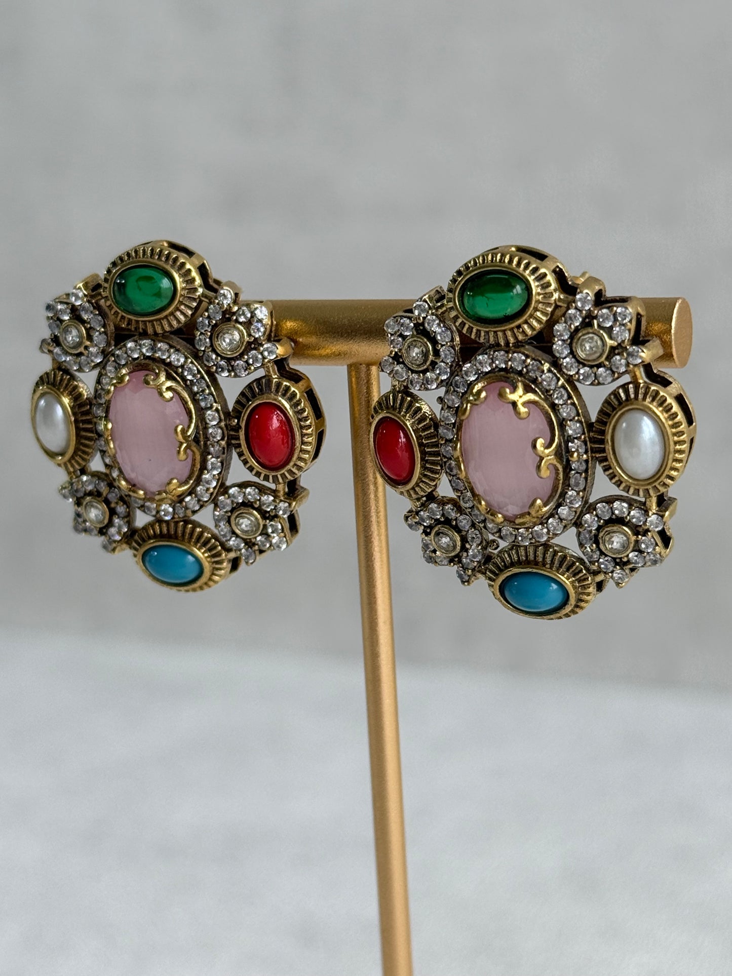 Ayura Designs Celia Stud Earrings – Blush Pink & Multicolour Stones with Gold Finish