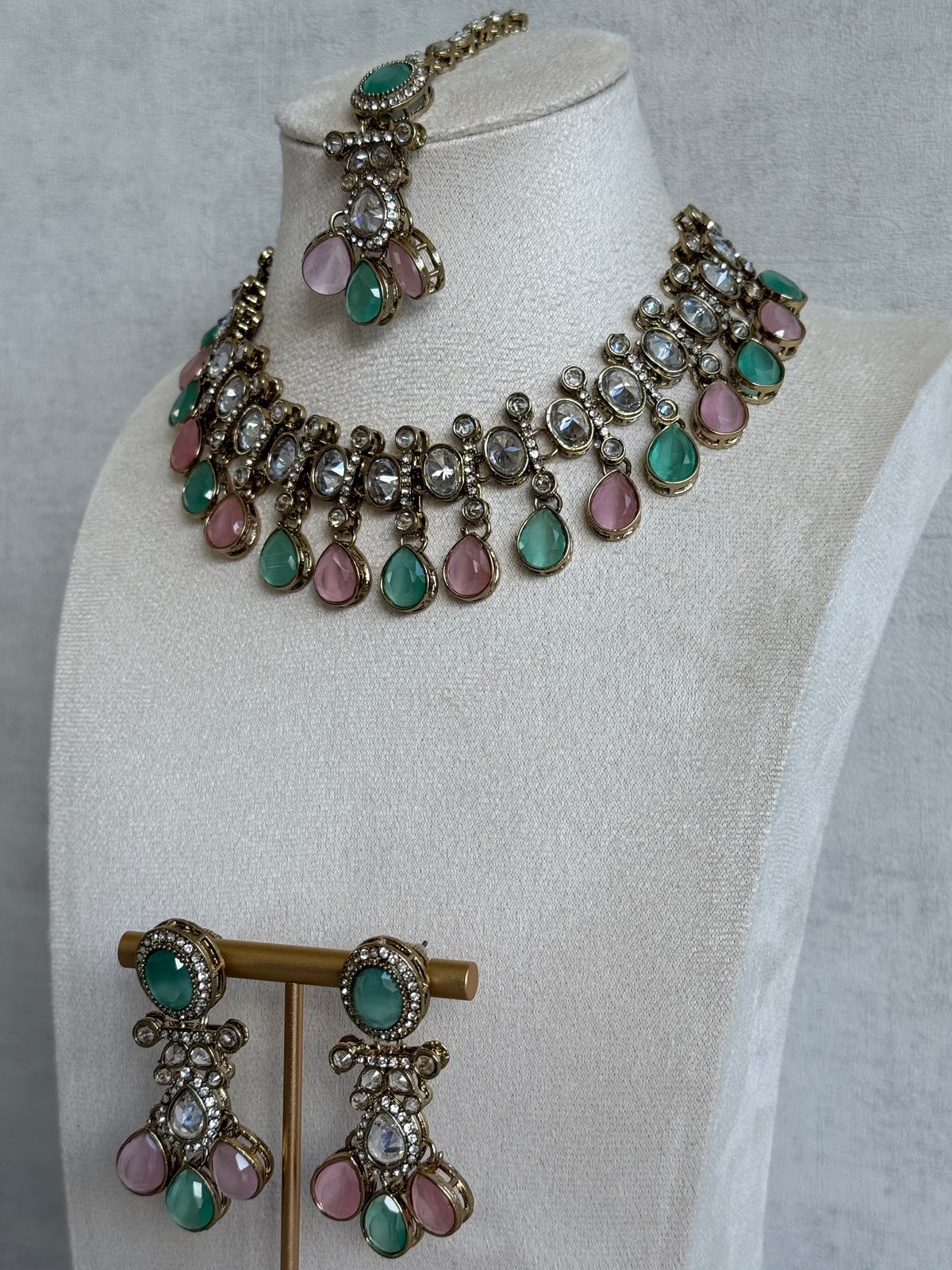 Ayura Designs Ava Necklace Set with Earrings & Tikka – Mint Green & Blush Pink Stone Necklace Set in Antique Gold Finish