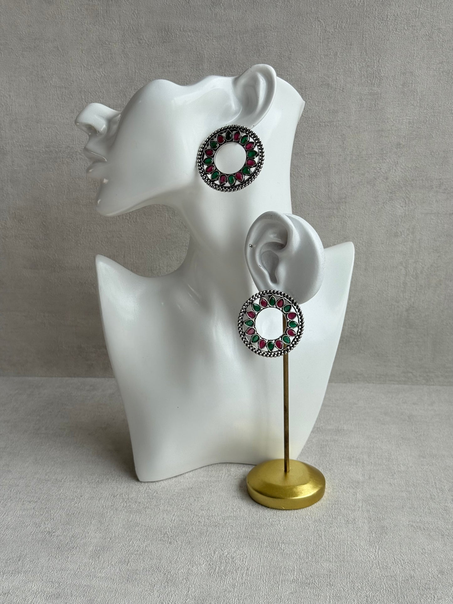 Ayura Designs Kesar Studs – Statement Oxidised Stud Earrings with Ruby Pink & Emerald Stones