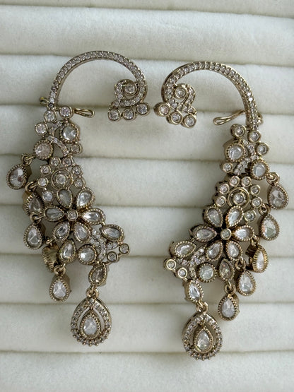 Ayura Designs Aksara Kaanphool Earrings – Kundan, Crystals & Antique Gold Finish
