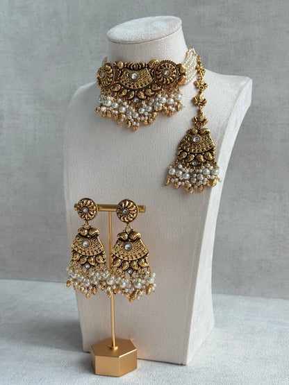 Ayura Designs Sairish Choker Set with Earrings & Tikka – Ivory Beads, Pearl Detailing, Ghungroos, Paisley Motifs & Antique Gold Finish