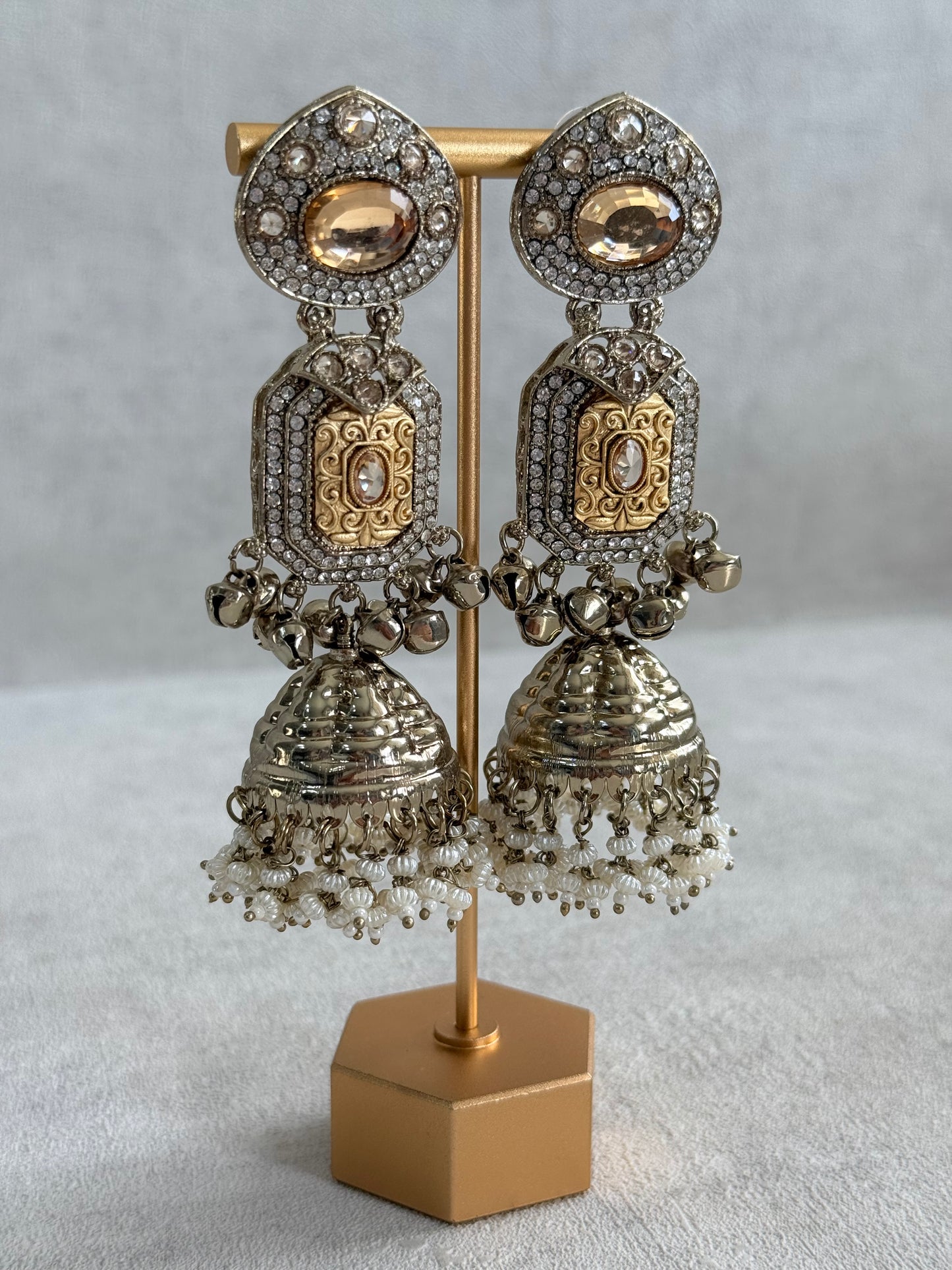 Ayura Designs Maara Jhumkis – Champagne Gold with Champagne Stones, Crystals, Ghungroos & Pearl Detailing