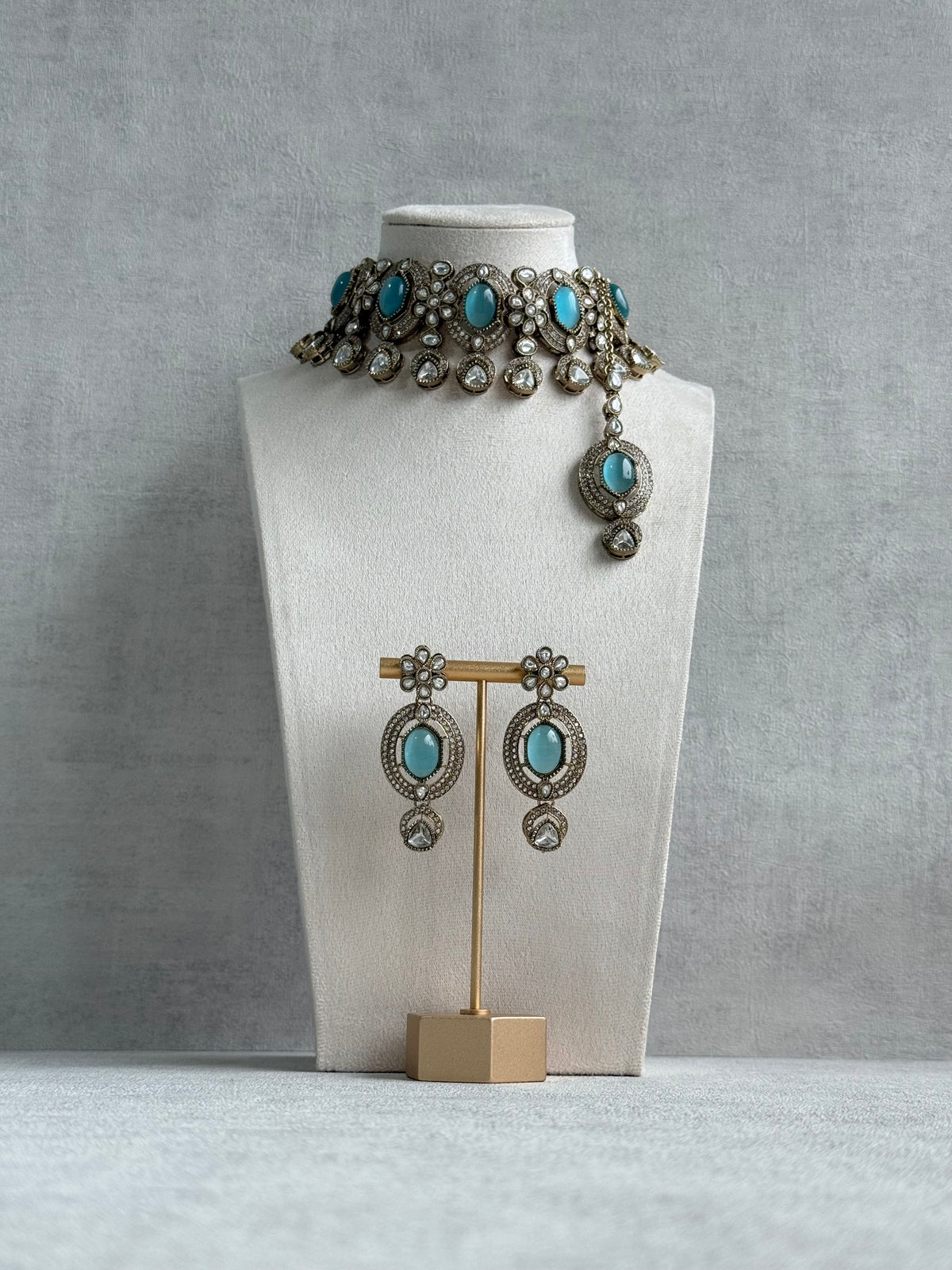 Ayura Designs Emanya Choker Set – Choker, Earrings & Tikka with Mirror-Cut Stones, Turquoise Blue & Antique Gold Detailing